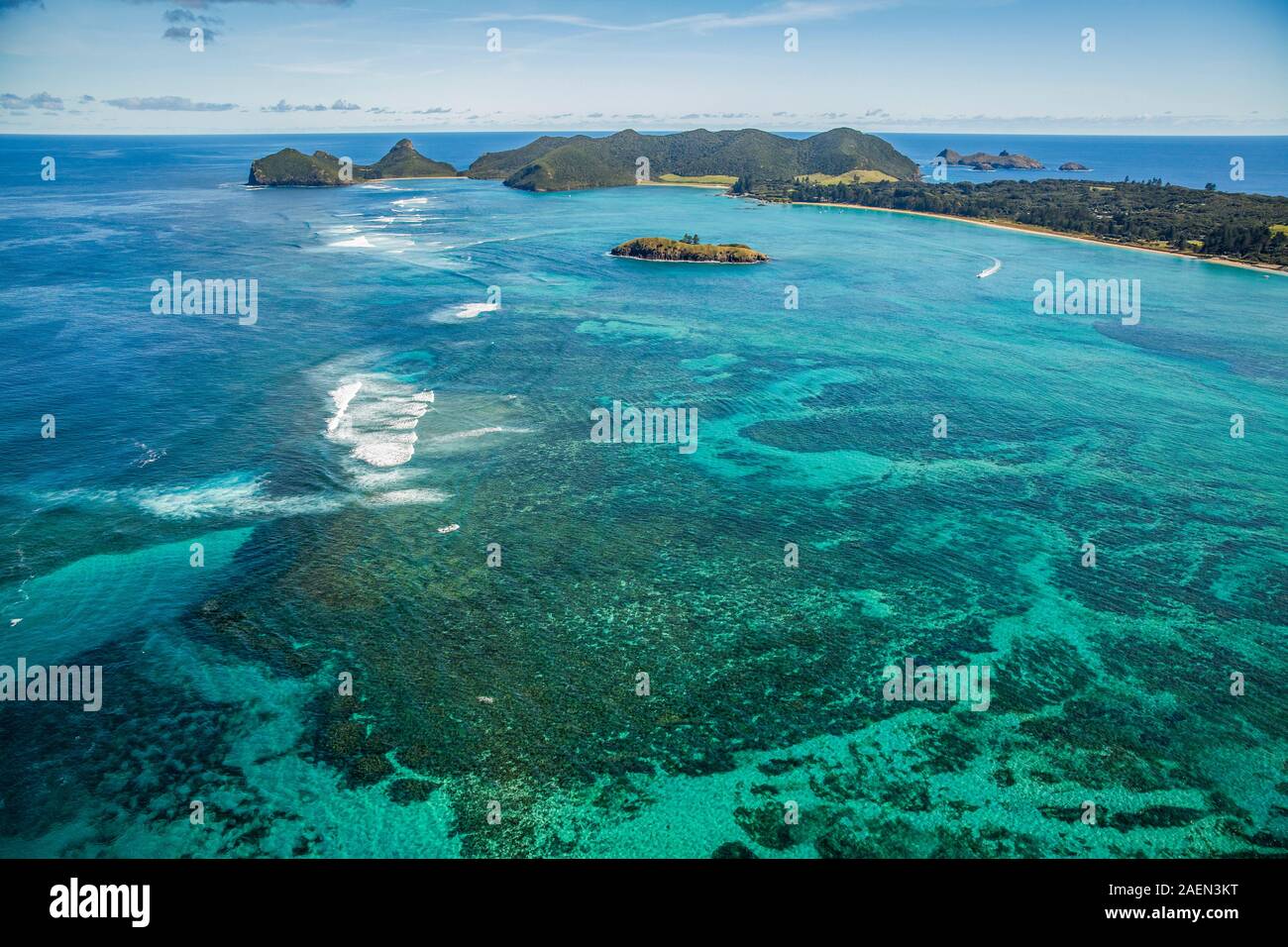 Aerial view of Lord Howe Island Coasts, turquoise blue Coral ree Stock