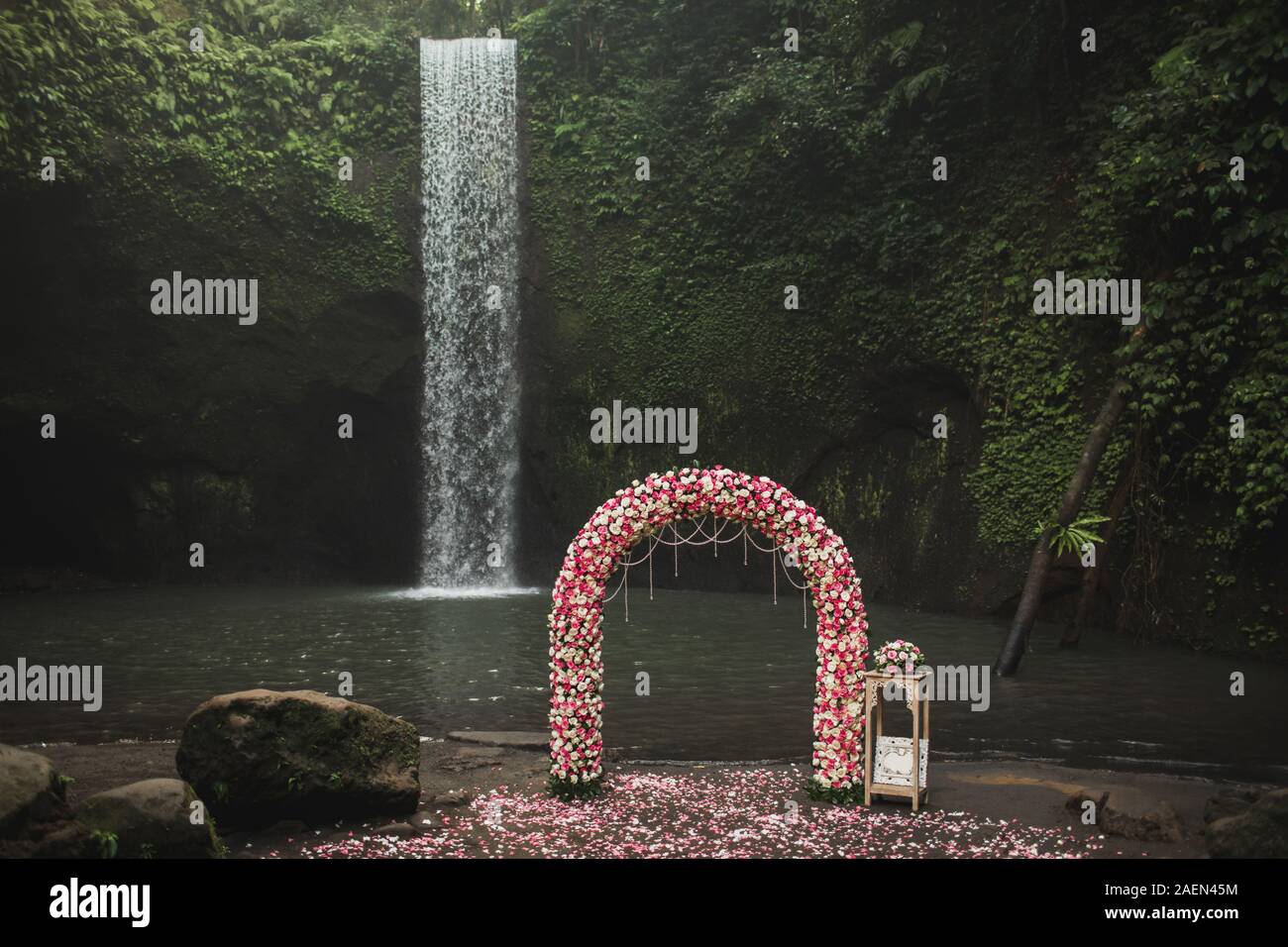 Wedding ceremony on small secret waterfall Tibumana in Bali, Indonesia jungle. Classic round arch with pink and white roses. Unusual destination for wedding. Stock Photo