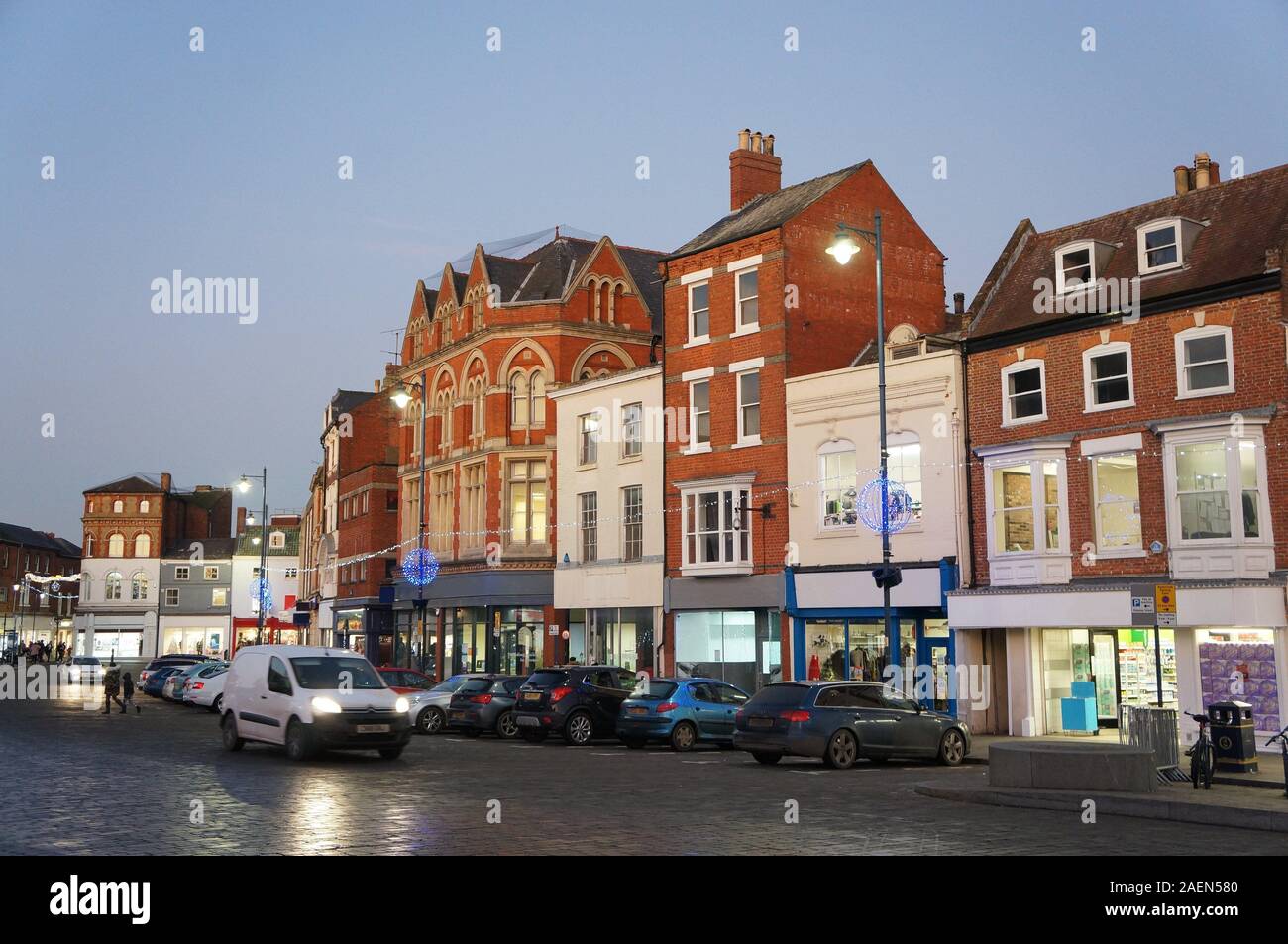 The market place with Christmas lights on in the late afternoon in