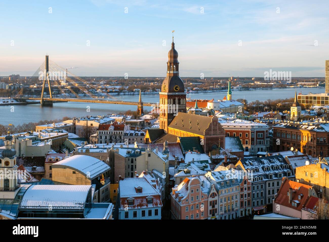 Panorama view from Riga cathedral on old town of Riga, Latvia. Aerial view on Riga city centre in sunny winter day. Stock Photo