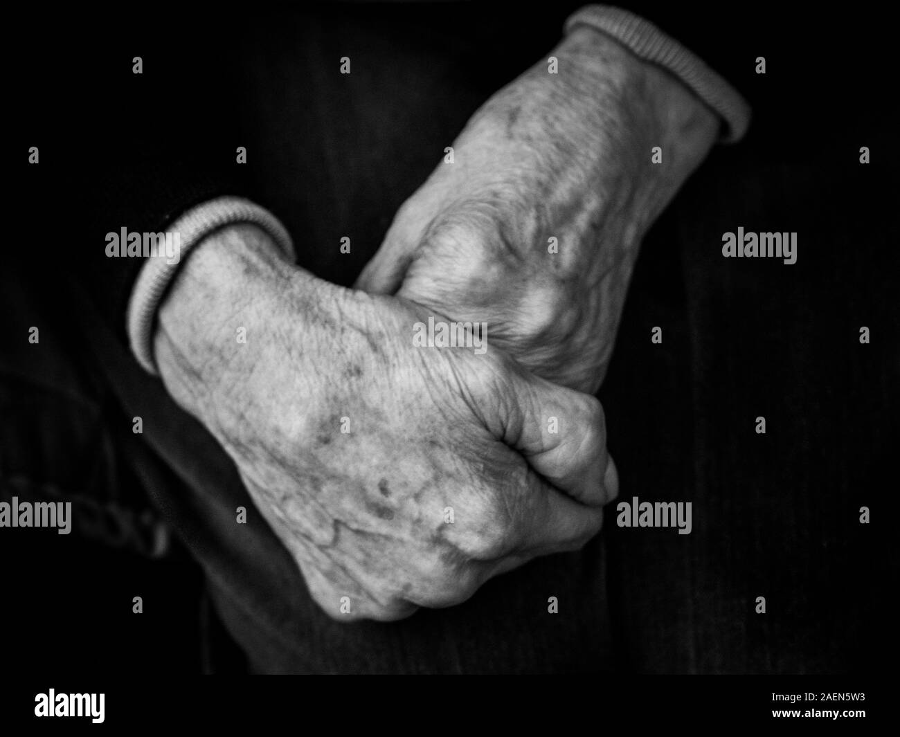 Foreground of hands of old woman in black and white Stock Photo