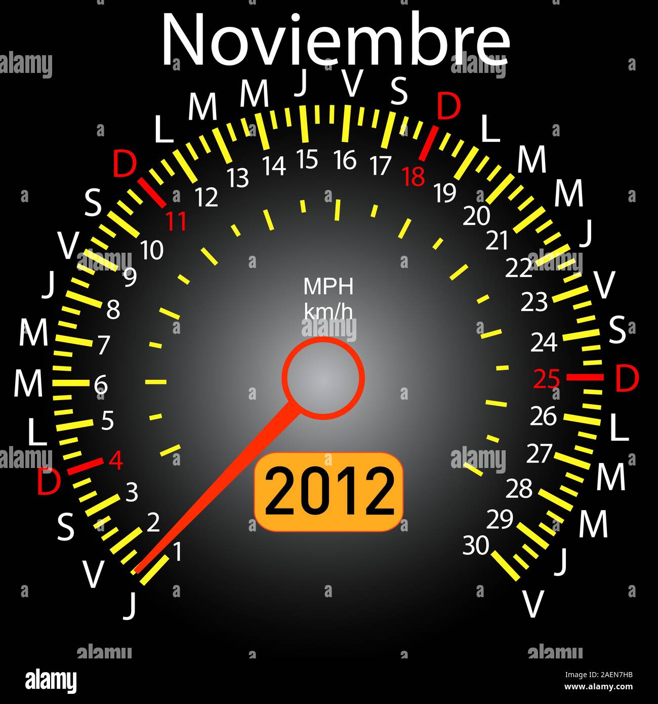 2012 year calendar speedometer car in Spanish. November Stock Vector