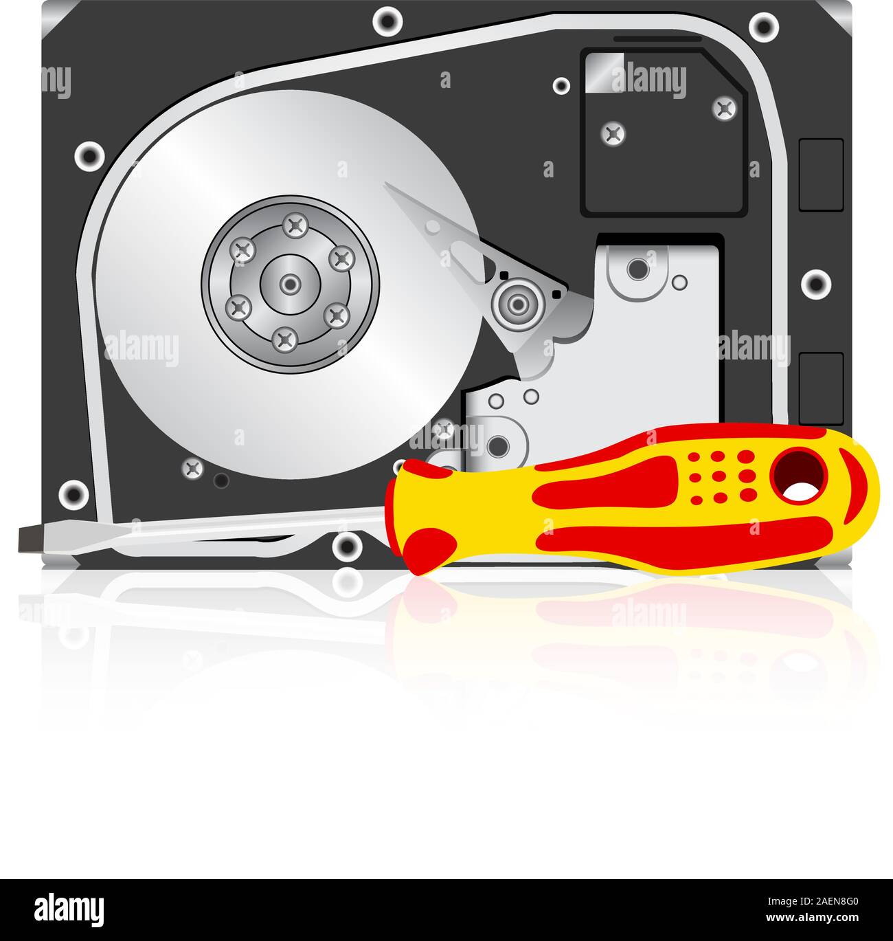 Computer hard disk drive and screwdriver. Vector illustration Stock