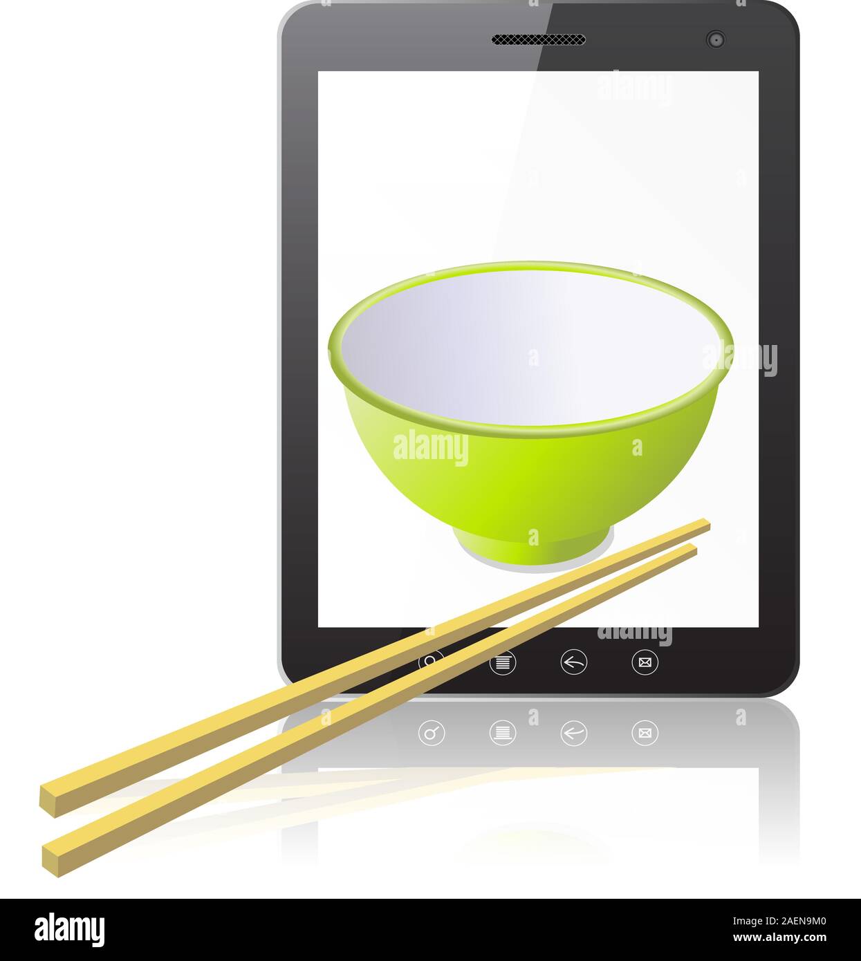 Tablet PC computer with ceramic mug with wooden sticks isolated on white background. Vector illustration. Stock Vector