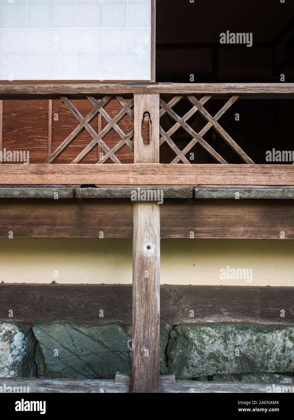 Vertical detail of exterior wall, showing verandha rail, sliding screen wall panel, foundation, Garyuin, Garyusanso, Ozu, Ehime, Shikoku, Japan Stock Photo