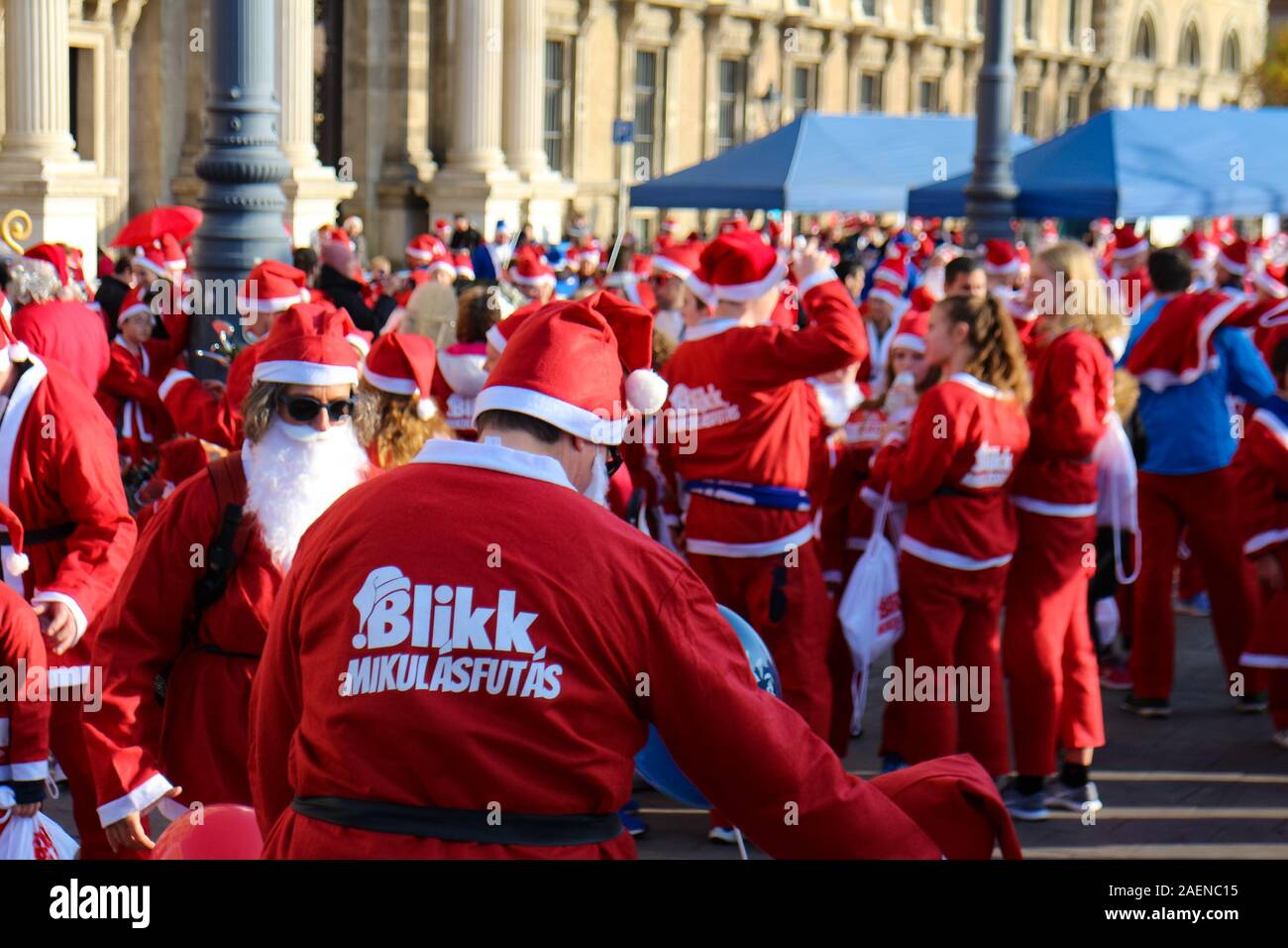 Budapest, Hungary - December 8, 2019: Participants in Santa Clause costumes  at the finishing line of the 7th Santa Claus Charity Run of Budapest,  capital of Hungary Stock Photo - Alamy