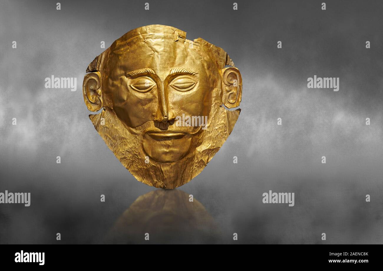 Mycenaean gold death mask, Mask of Agamemnon, Grave Cicle A, Mycenae,  Greece.National Archaeological Museum of Athens. Grey Art Background The  mask Stock Photo - Alamy