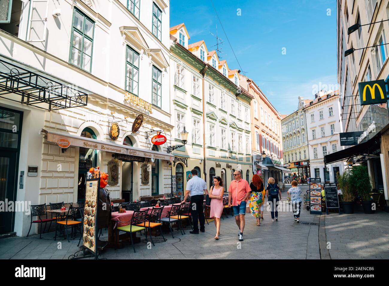 Bratislava, Slovakia - June 24, 2019 : Old town Rybarska Brana restaurant and shopping street Stock Photo