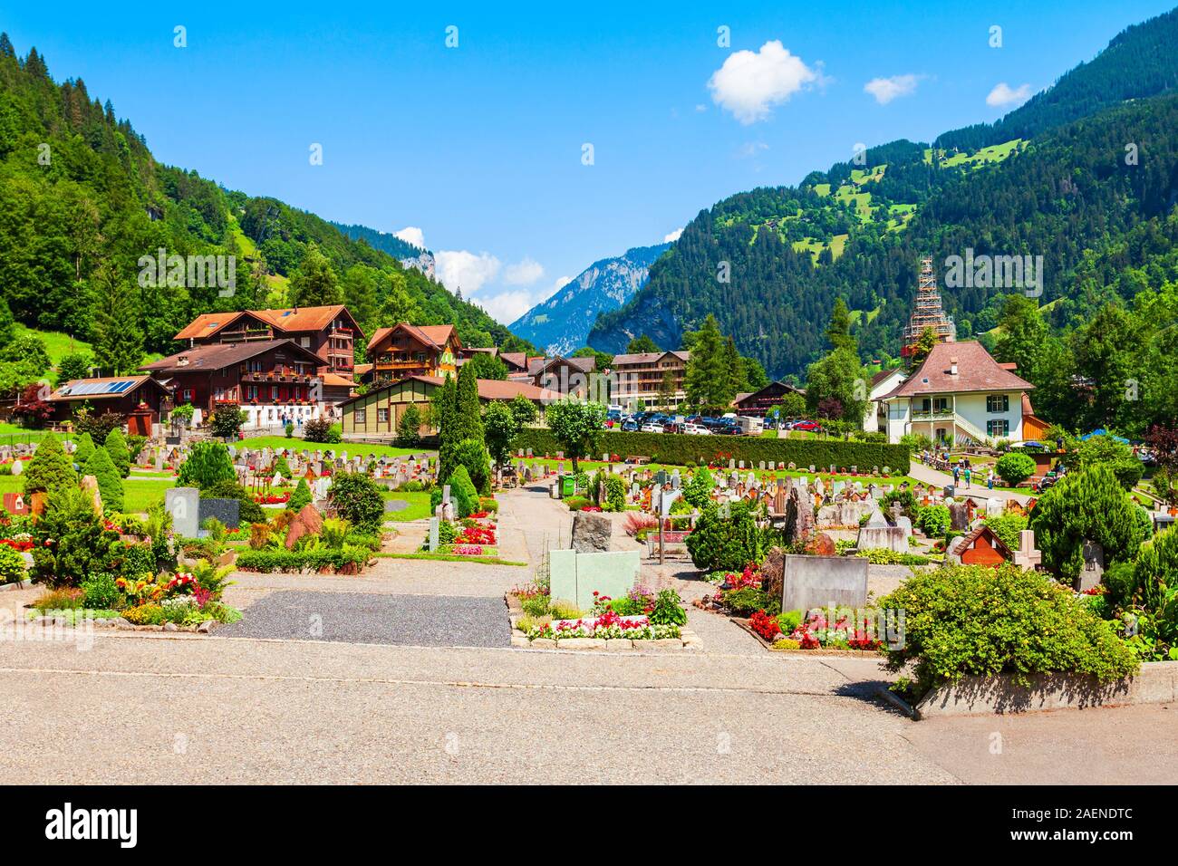 Cemetery and traditional local houses in Lauterbrunnen valley