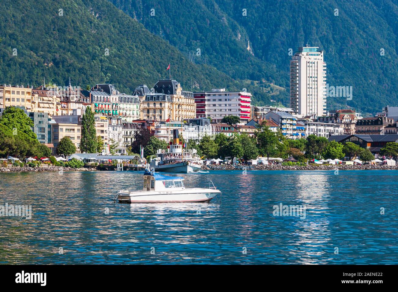 Montreux harbor with yachts and boats. Montreux is a town on the Lake Geneva at the foot of the Alps in Switzerland Stock Photo
