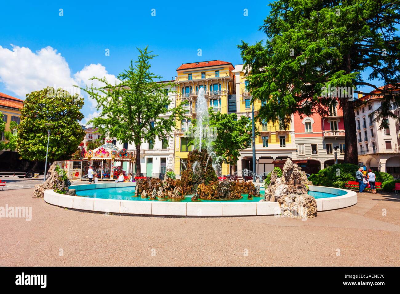 Fountain at the Piazza Alessandro Manzoni, the main square in Lugano ...