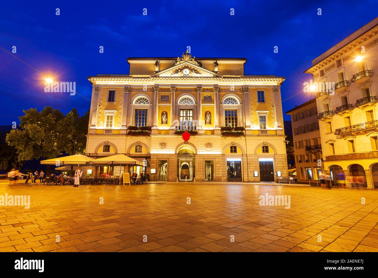 Municipio di Lugano is a Town Hall at the Piazza della Riforma Square in Lugano city in canton of Ticino, Switzerland Stock Photo