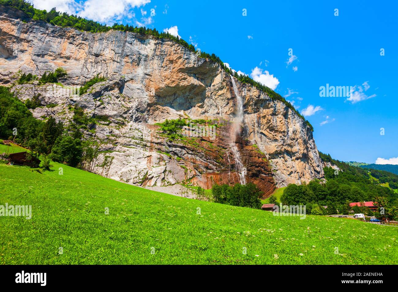 Staubbachfall Wasserfall waterfall in Lauterbrunnen valley in the Interlaken district in the Bern canton of Switzerland Stock Photo