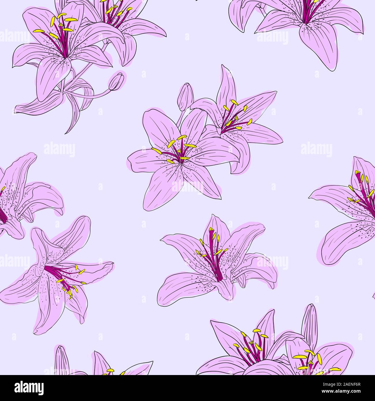 Beautiful seamless wallpaper with blooming lilies with on background — free download