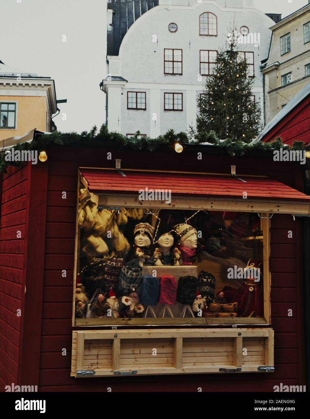 Display of winter woollen hats and scarves for sale, Christmas Market, Stortorget, Gamla Stan (Stockholm's old town), Stockholm, Sweden, Scandinavia Stock Photo