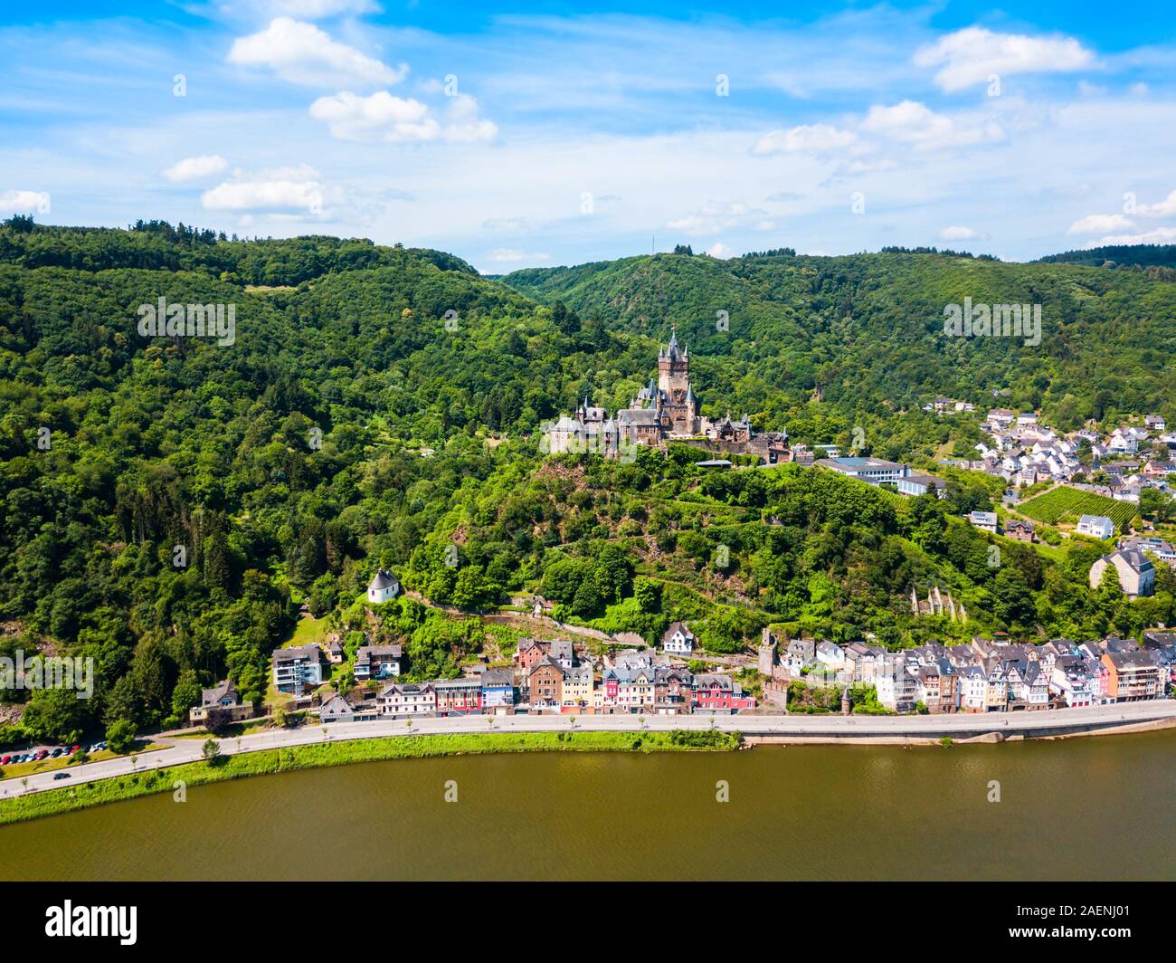 Cochem town aerial panoramic view in Moselle valley, Germany Stock Photo