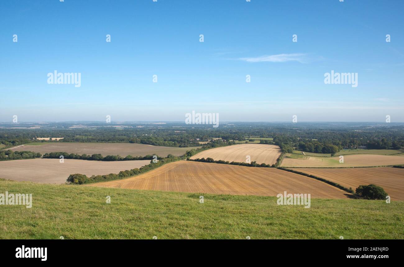 West Berkshire farmland, woodland, fallow fields, pastureland, cereal stubble on a fine autumn day from the North Wessex Downs, September Stock Photo