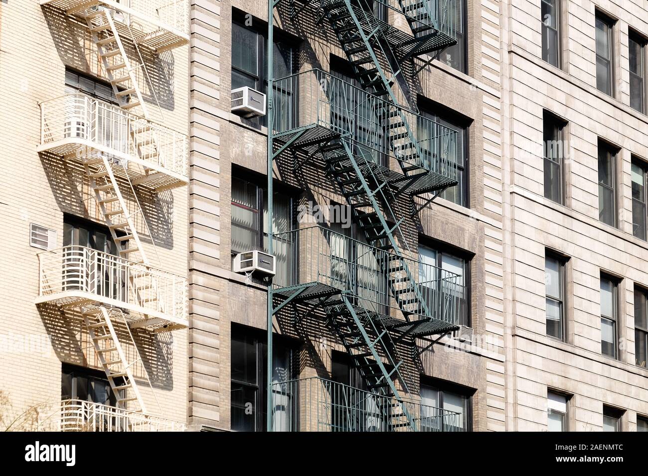 Fire escape stairs on outside of NYC building Stock Photo