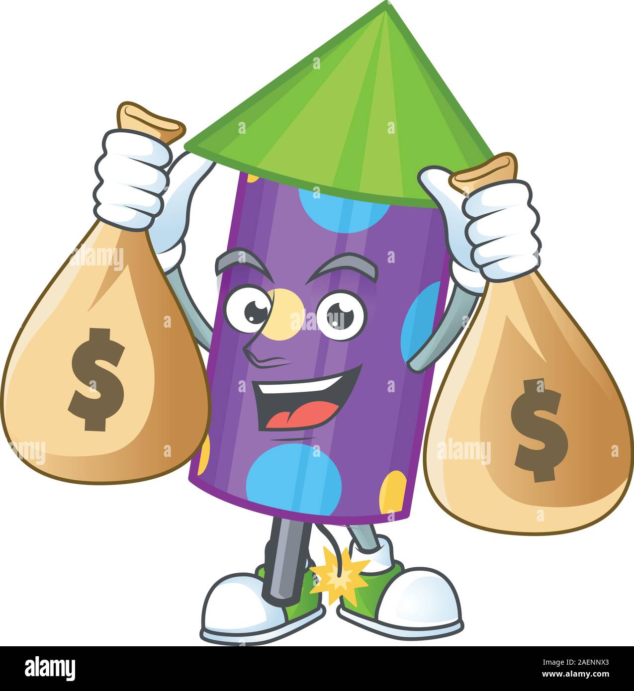 Cute dot fireworks rocket cartoon character smiley with money bag Stock ...