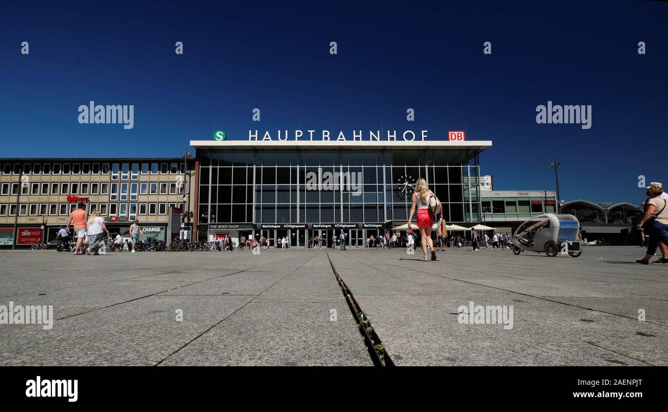 the main entrance of cologne's main railway station on a sunny summer day Stock Photo