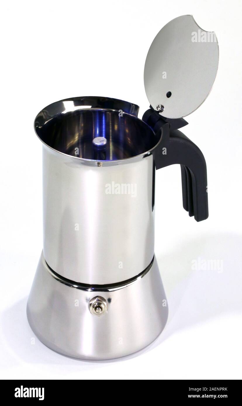 Moka coffee maker in steel for home coffee preparation, typical Italian cuisine Stock Photo