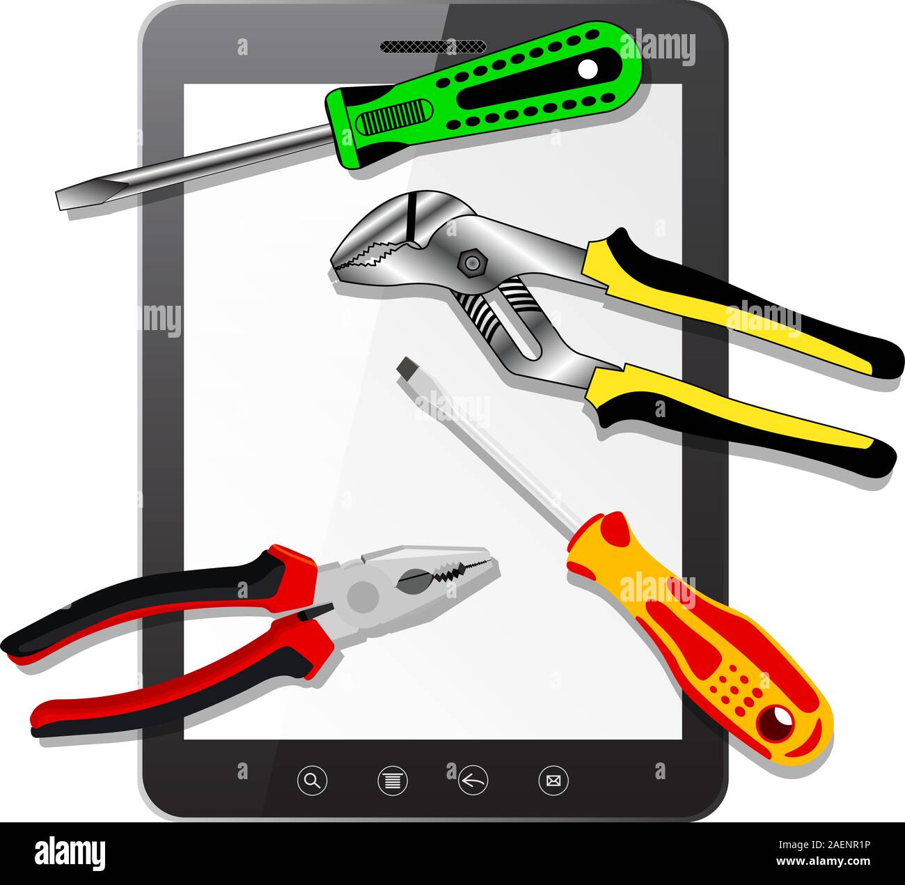 tablet PC computer with blank screen with tools  isolated on white background. Vector  illustration. Stock Vector