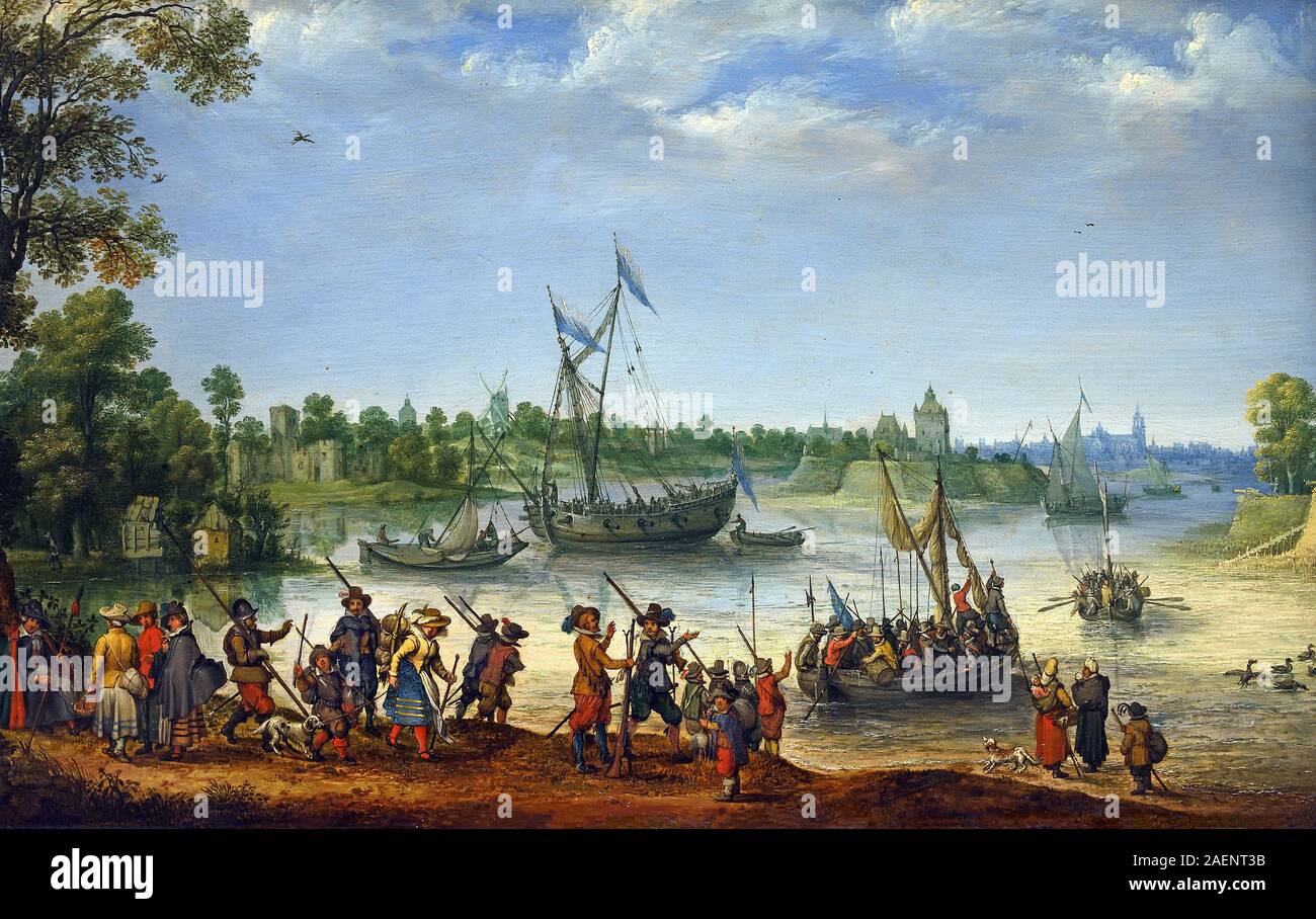 the departure of the Pilgrim Fathers at Delfshaven, Adam Willaerts ’painting from 1620, Dutch, The Netherlands, Holland, ( The Pilgrims or Pilgrim Fathers were the English settlers who established the Plymouth Colony in Plymouth, Massachusetts. Their leadership came from the religious congregations of Brownists, or Separatist Puritans, who had fled religious persecution in England for the tolerance of 17th-century Holland in the Netherlands.  ) Stock Photo