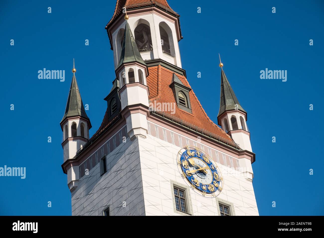 Architectural details of the Old Town Hall clock tower, Old Town, Munich, Bavaria, Germany Stock Photo