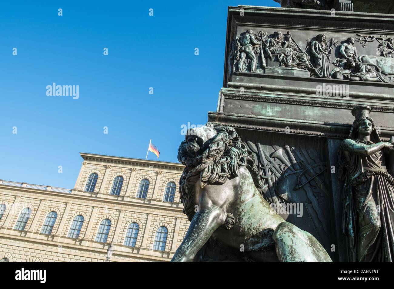 Closeup detail of ornate sculpture below Monument to King Maximilian I Joseph von Bayern, Max Joseph Platz, Munich, Bavaria, Germany Stock Photo