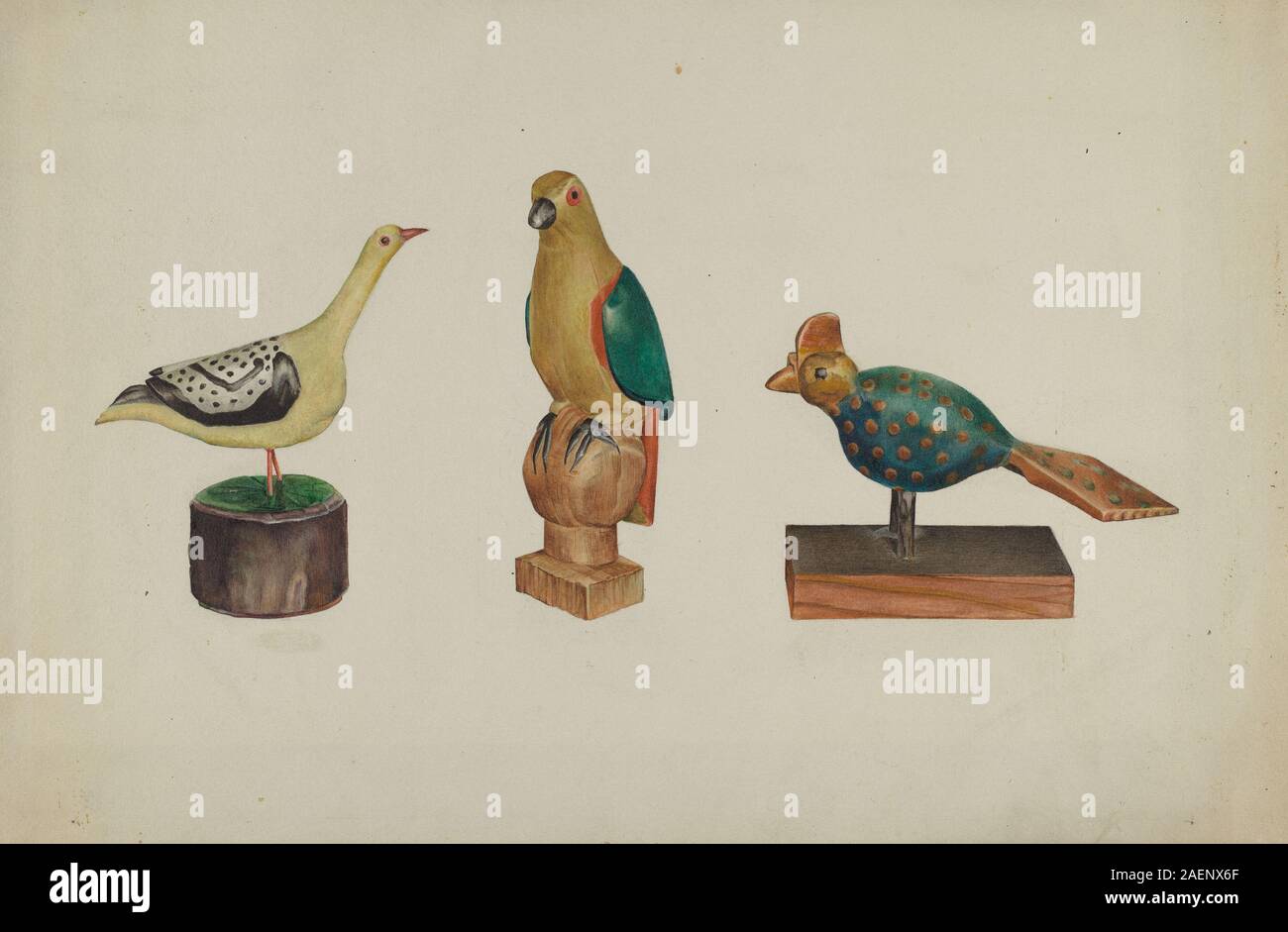 Victor F Muollo, Pa German Three Carved and Painted Birds, c 1937, Pa. German Three Carved and Painted Birds; c. 1937 Stock Photo