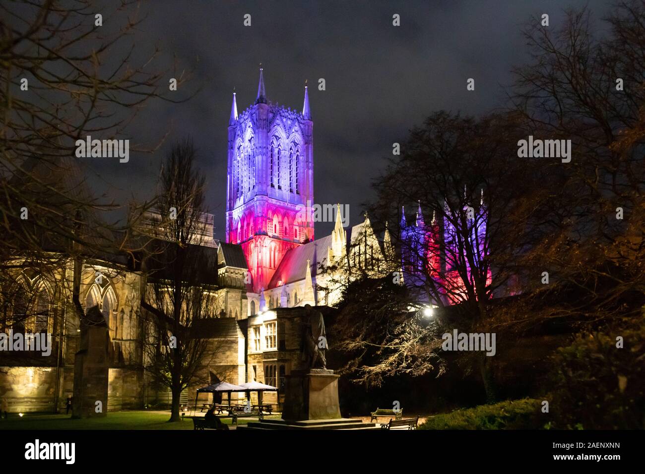 Lincoln Cathedral floodlit using coloured light introduced in 2019. Picture shows back of Cathedral. Stock Photo