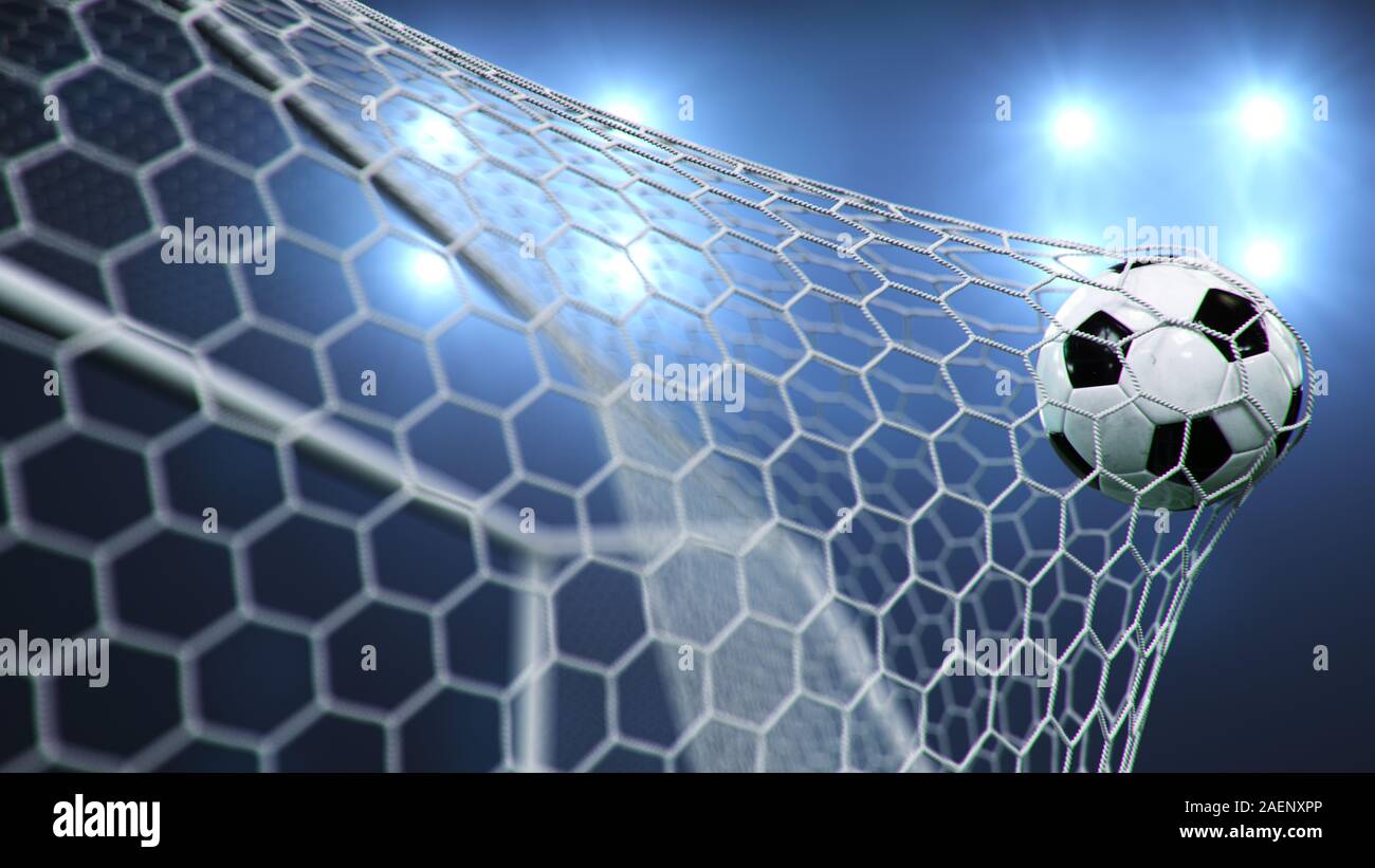 Soccer Ball Flew Into The Goal Soccer Ball Bends The Net Against The Background Of Flashes Of Light Soccer Ball In Goal Net On Blue Background A Stock Photo Alamy