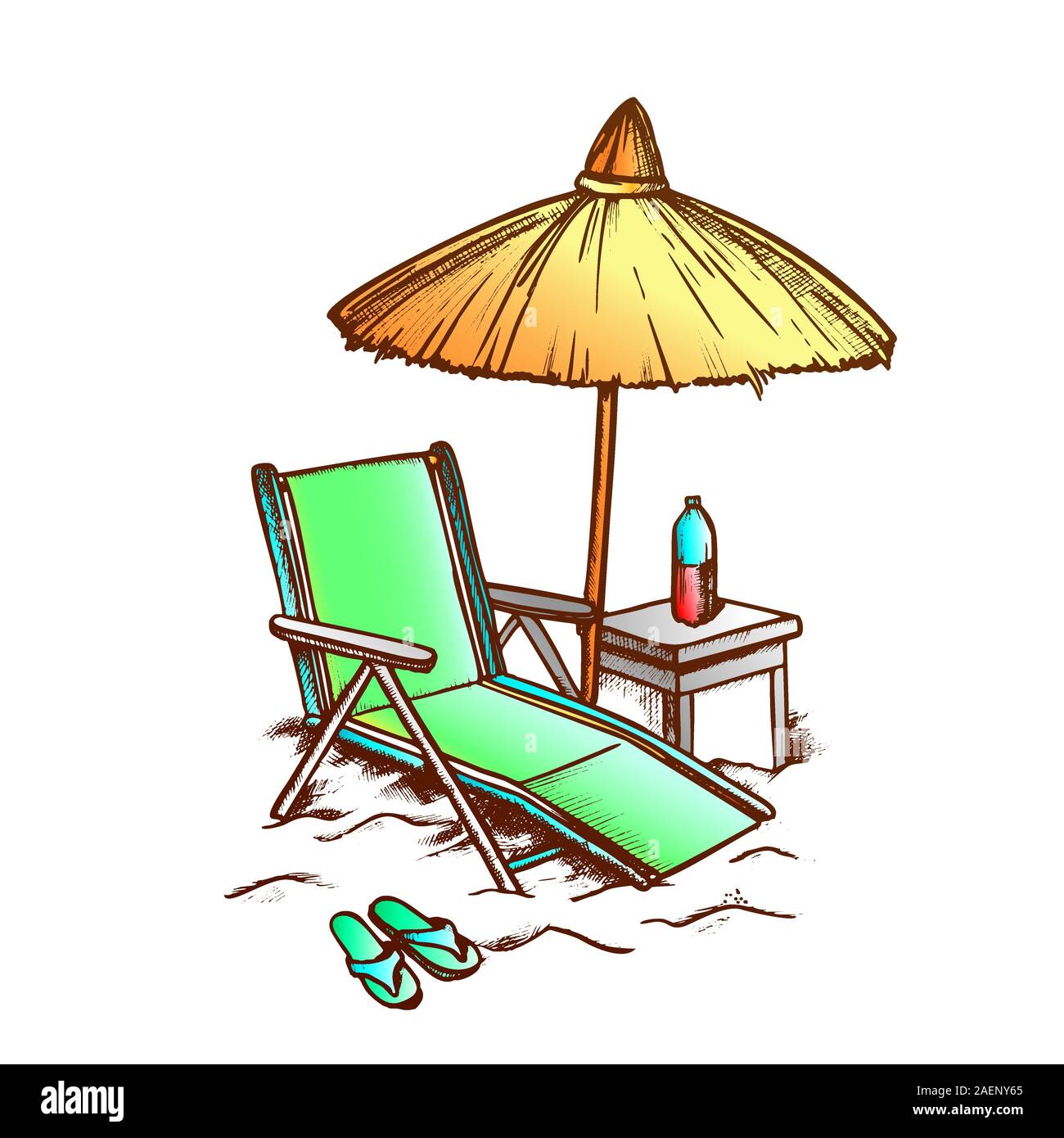 Beach Chair With Straw Umbrella Monochrome Vector Stock Vector Image ...