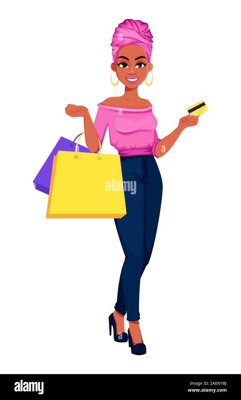 Young beautiful African American business woman holding credit cards and  shopping bags. Cute businesswoman cartoon character. Vector illustration on  w Stock Vector Image & Art - Alamy