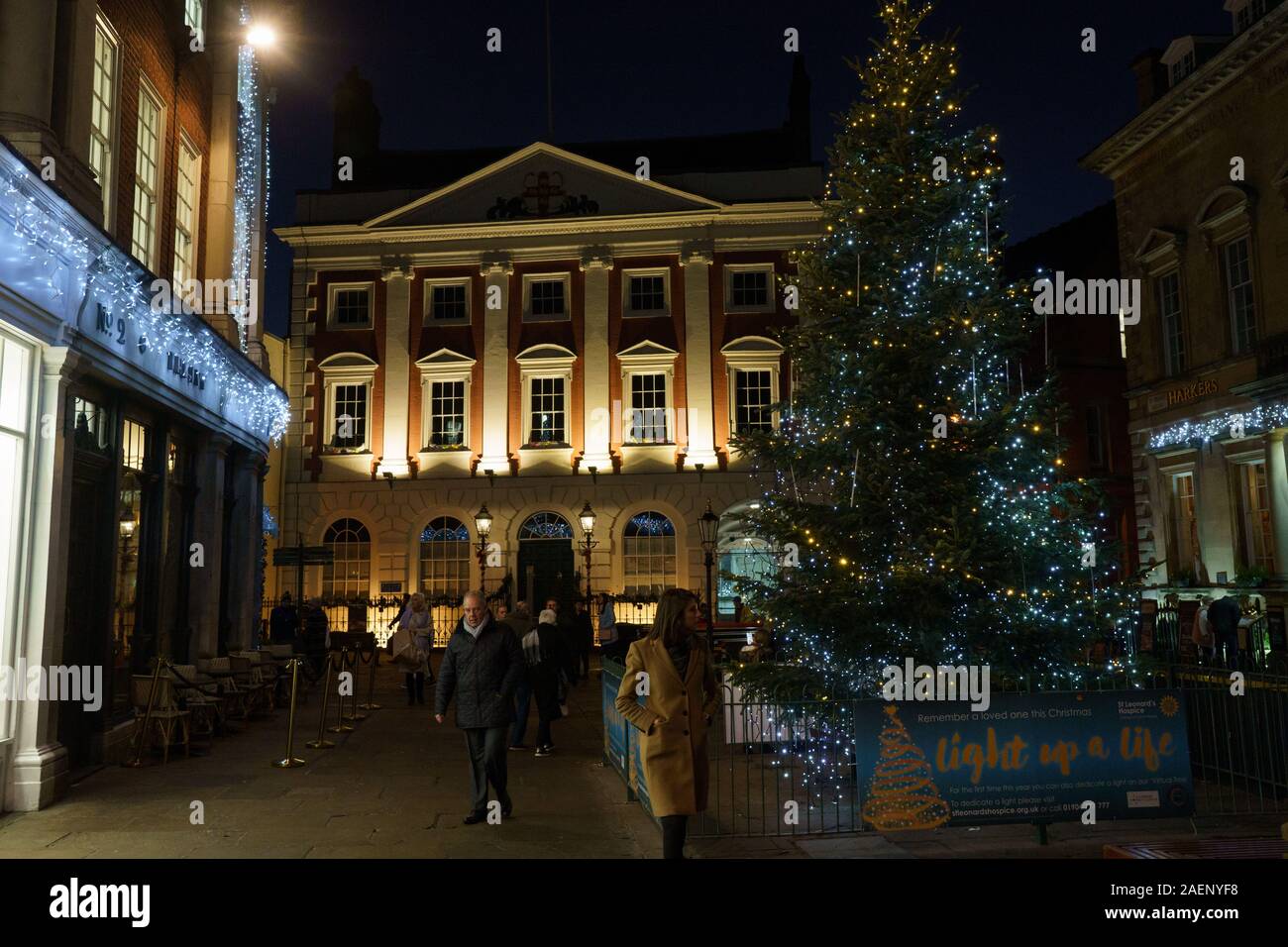 Christmas Tree decorated with festive lights and The Mansion House in