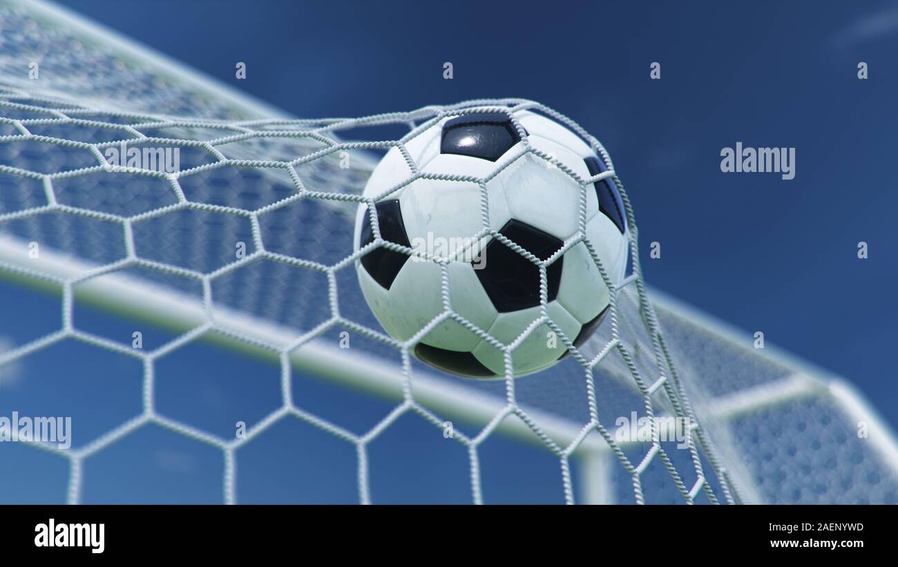 3D illustration Soccer ball flew into the goal. Soccer ball bends the net, against the background of blue sky. Soccer ball in goal net on beautiful Stock Photo