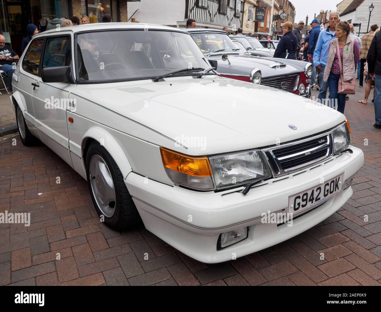 A white Saab 900 Turbo at a car show in Faversham. Stock Photo