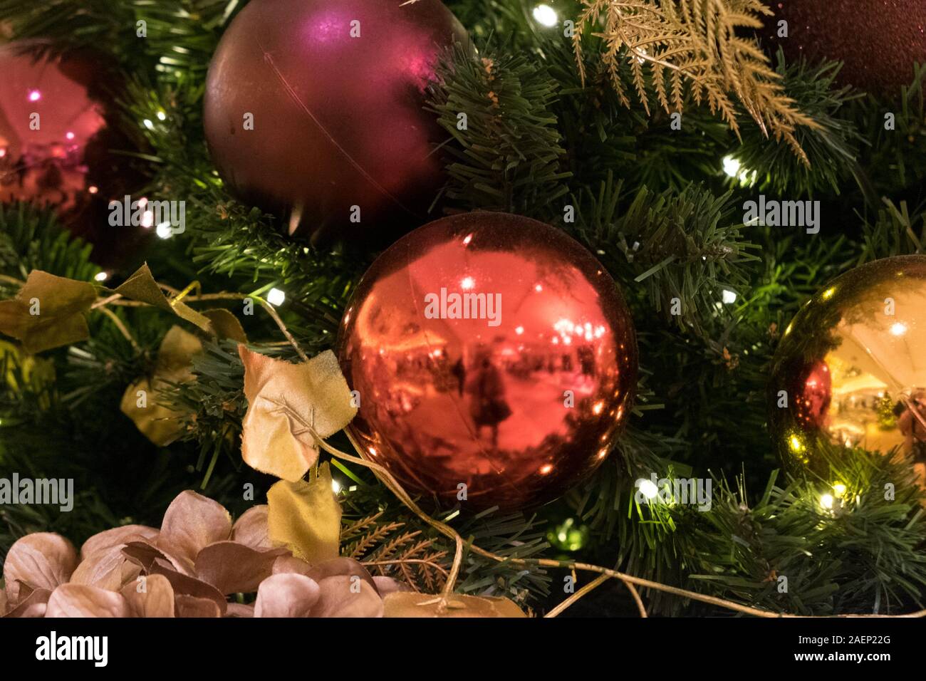 Close Up of Christmas Tree with colourful red purple and gold baubles and decorations. Stock Photo