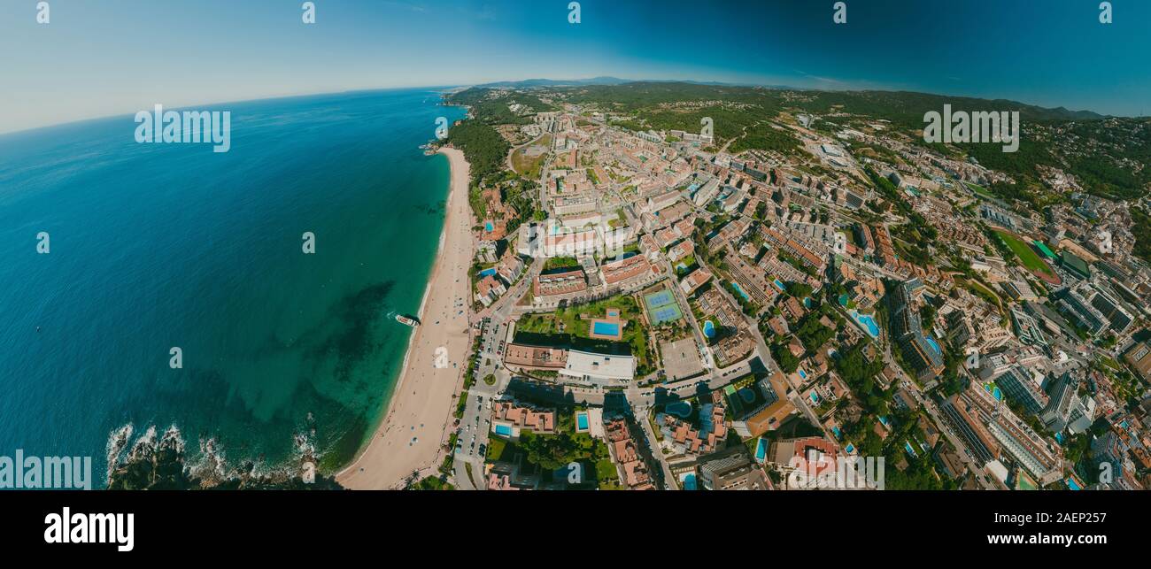 Lloret de Mar on Mediterranean Sea in summer Spain. 360 vr Drone shot Stock Photo