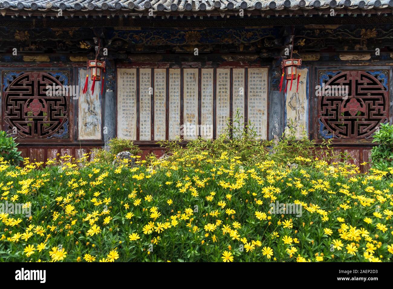 March 7, 2019: Some plants in front of a historical building in Jianshui, Yunnan, China Stock Photo