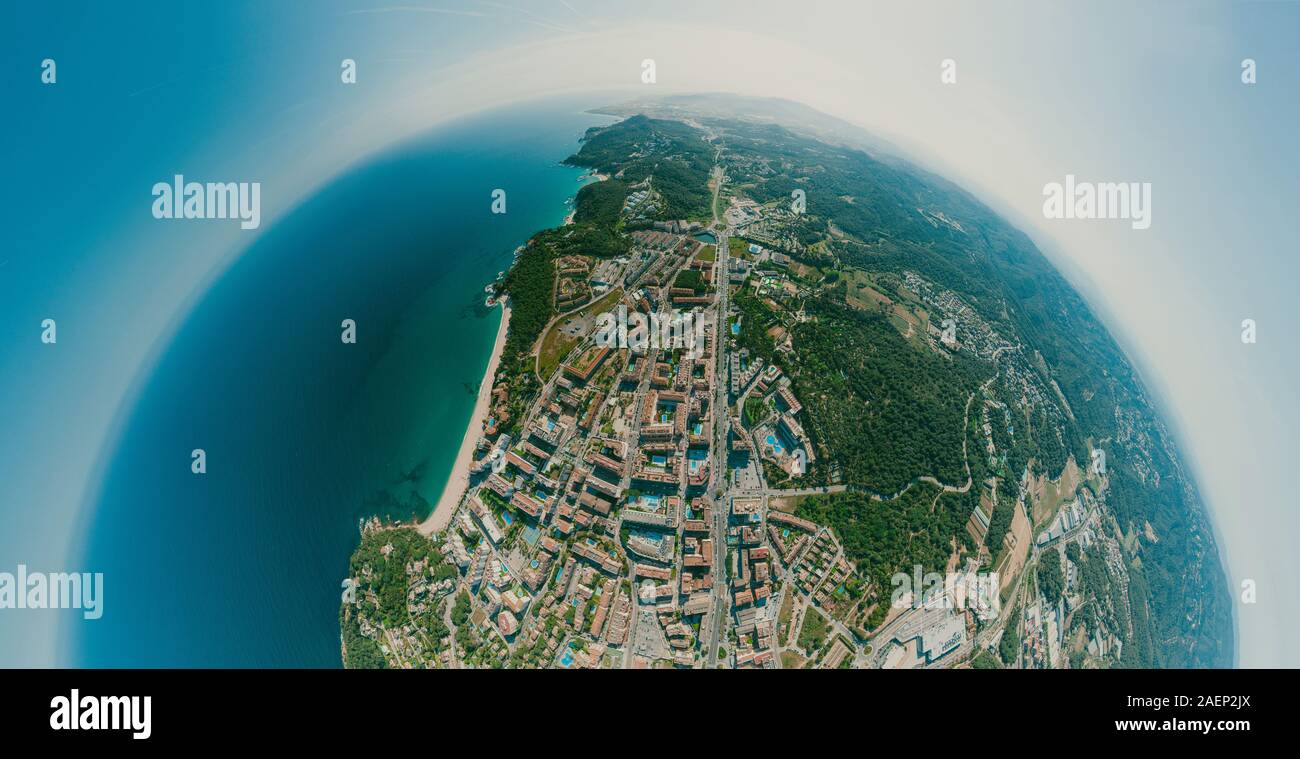 Lloret de Mar City on Mediterranean Sea in summer Spain. 360 vr Drone shot Stock Photo