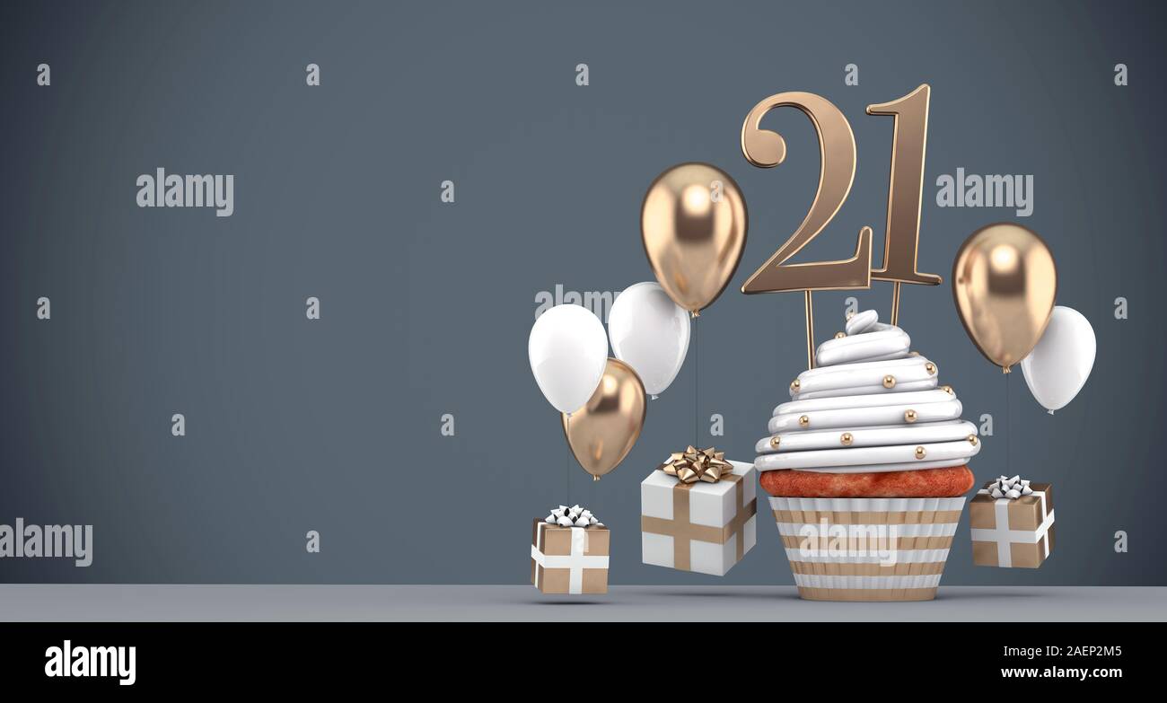 Number 21 gold birthday cupcake with balloons and gifts. 3D Render Stock Photo
