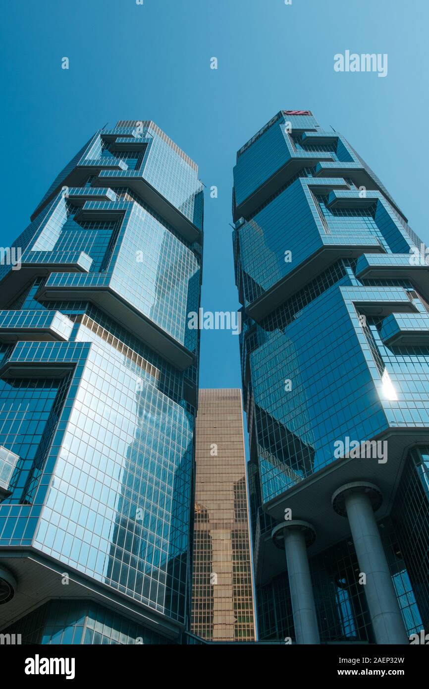 HongKong, China  - November, 2019: The Lippo centre twin towers, iconic modern architecture buildings in Hongkong. Stock Photo