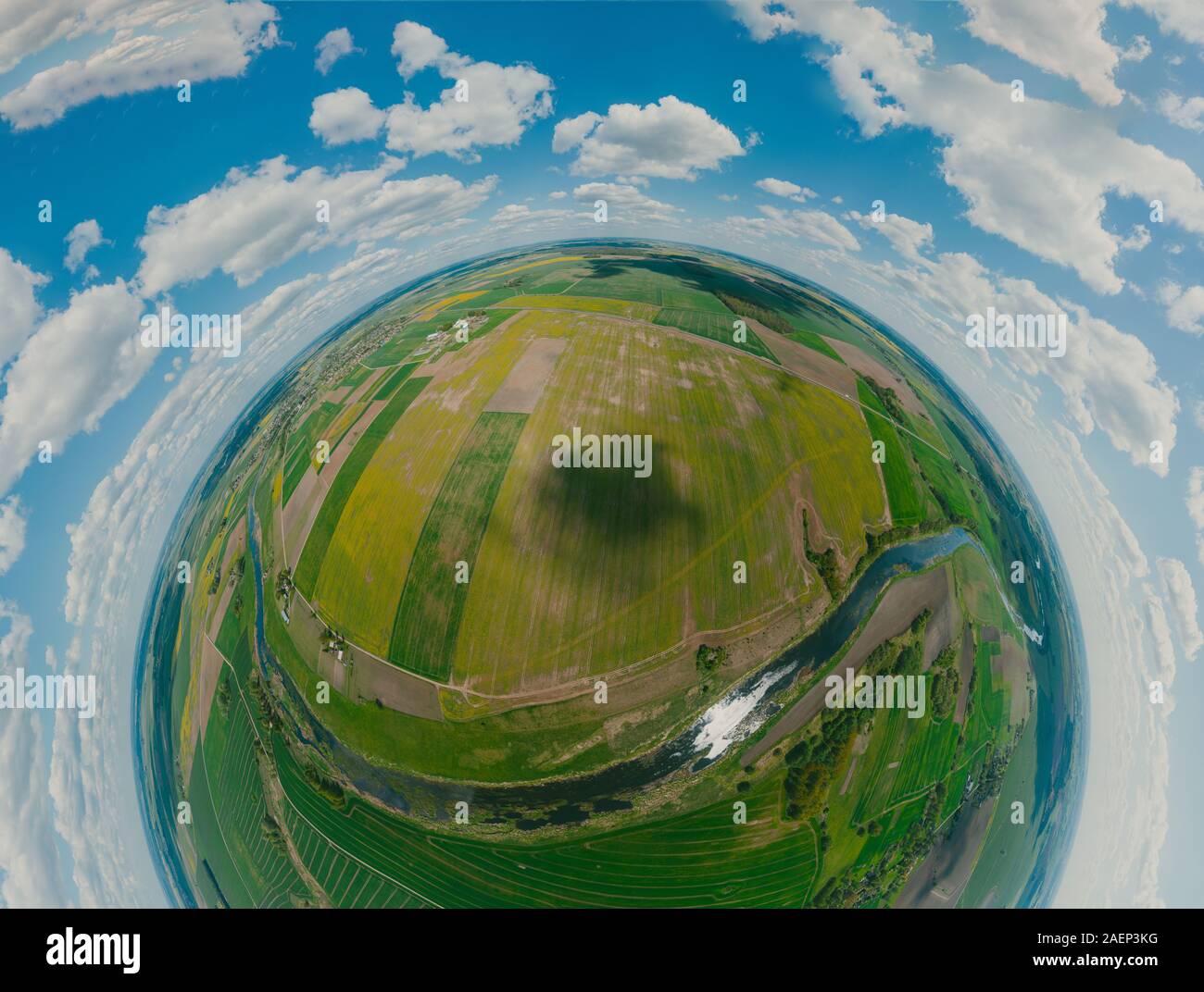 Green Fields, river and blue sky in Europe, 360 VR Sphere Stock Photo