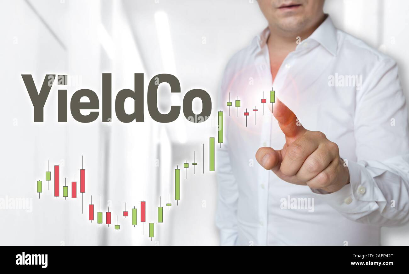 YieldCo touchscreen concept is operated by man. Stock Photo