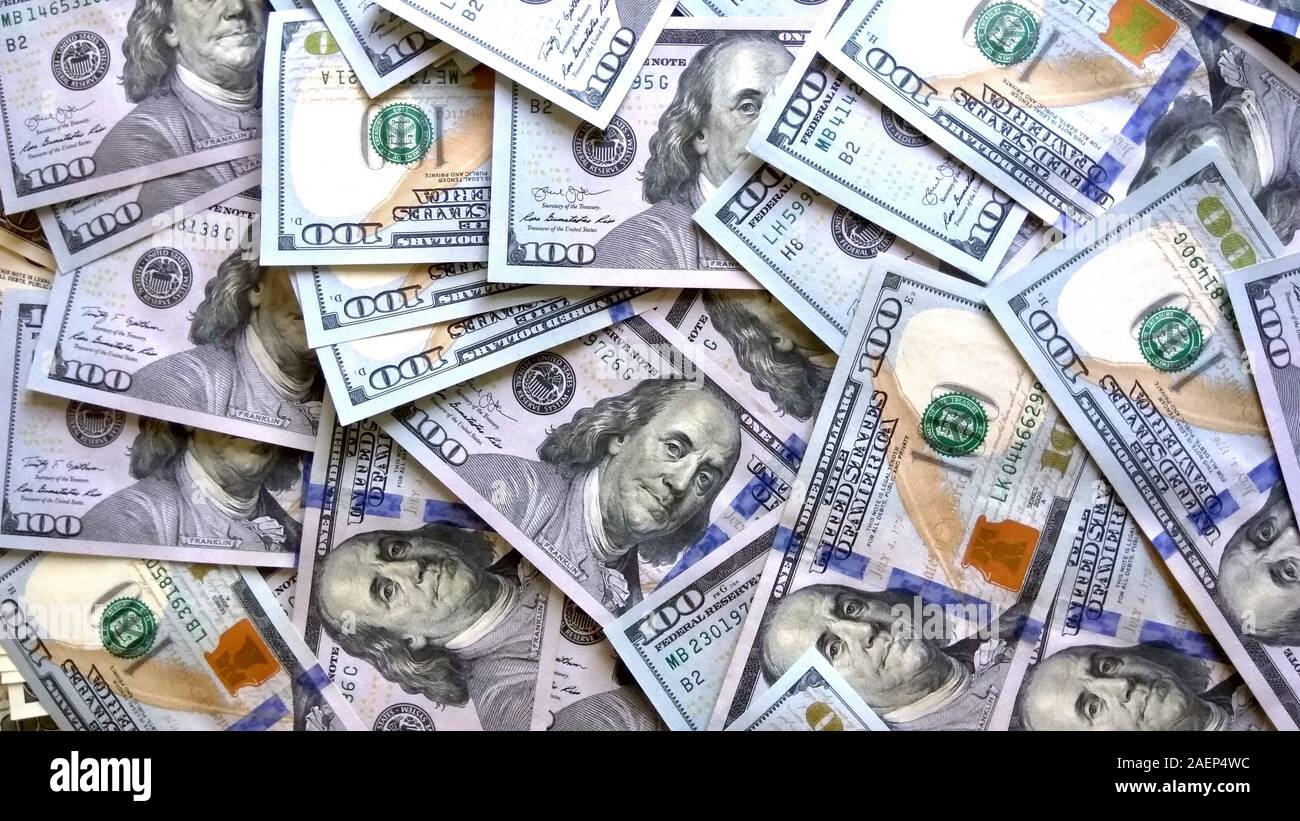 Money background. Hundred US dollar bills. Close up of new dollar banknotes Stock Photo