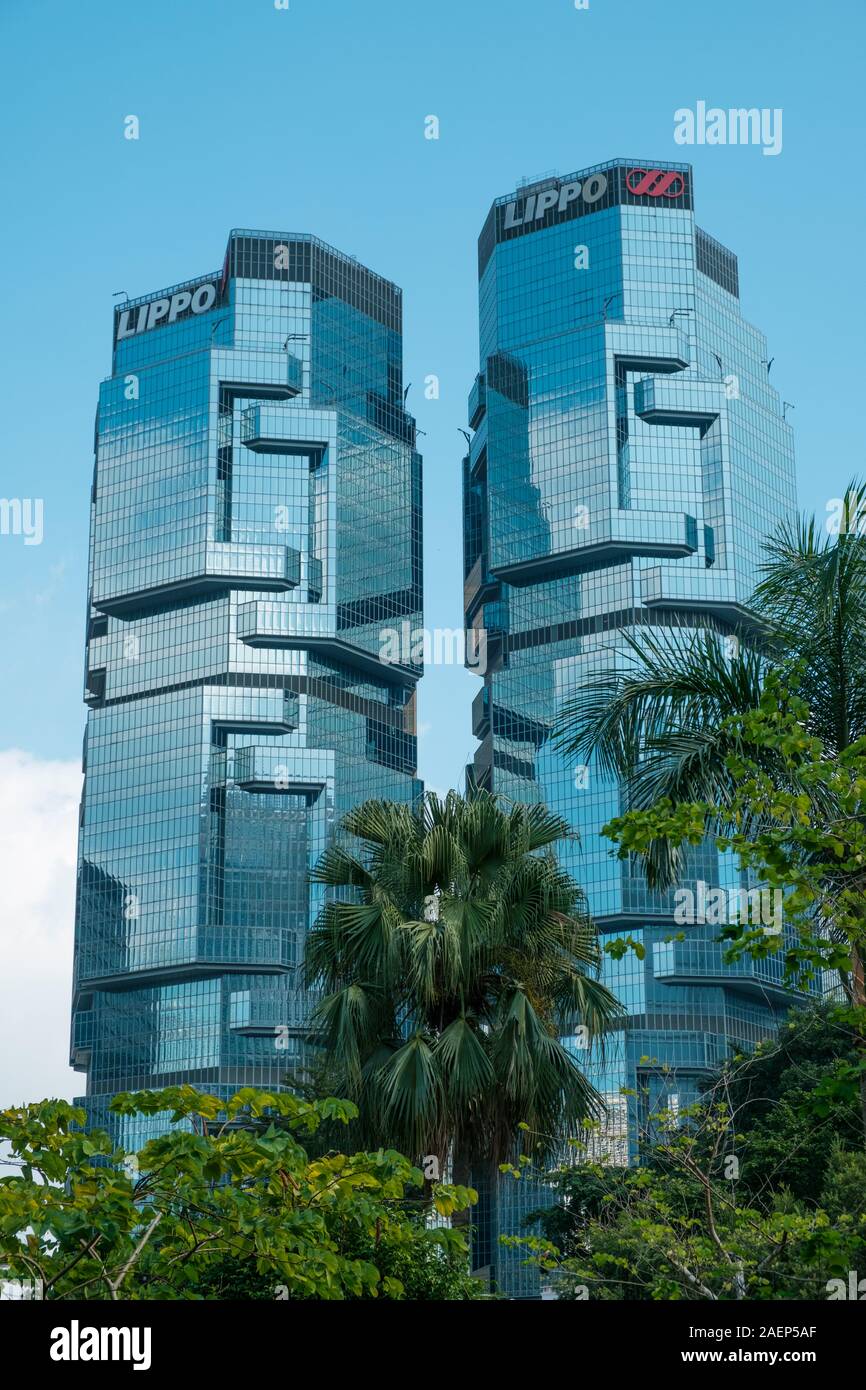 HongKong, China  - November, 2019: The Lippo centre twin towers, iconic modern architecture buildings in Hongkong. Stock Photo