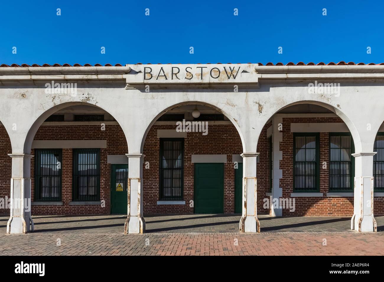 Harvey House Railroad Depot, which was once a hotel and restaurant serving passengers on the Santa Fe Railway, near Route 66 at Barstow in California, Stock Photo