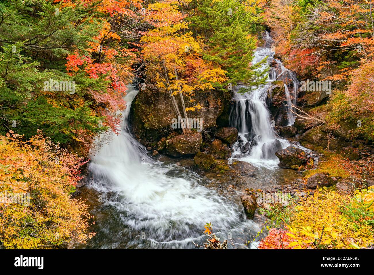 View of Ryuzu Waterfalls in Nikko City with the beautiful color of autumn foliage forest, Tochigi Prefecture, Japan. Stock Photo