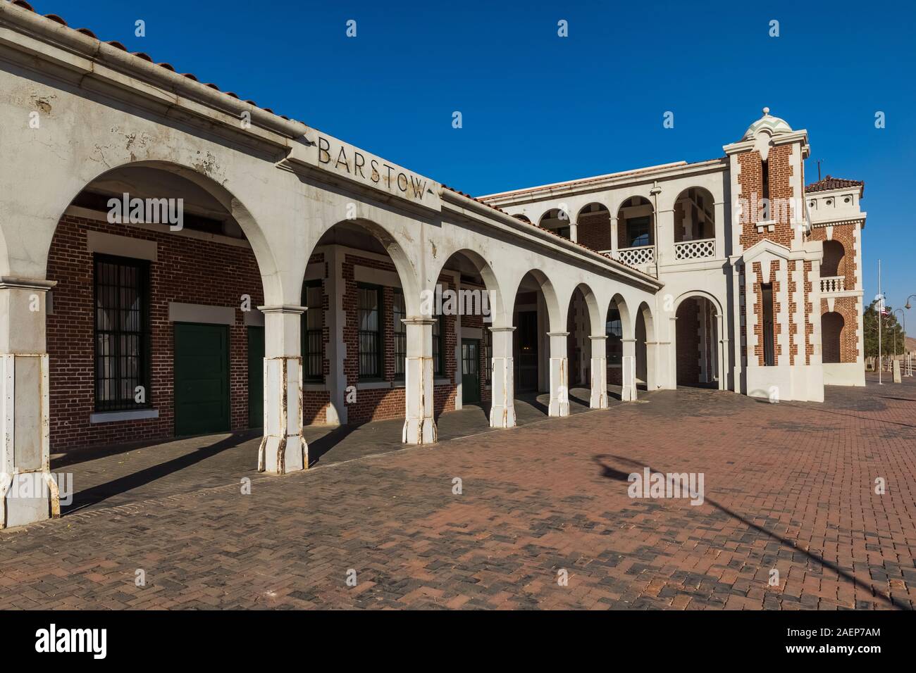 Harvey House Railroad Depot, which was once a hotel and restaurant serving passengers on the Santa Fe Railway, near Route 66 at Barstow in California, Stock Photo